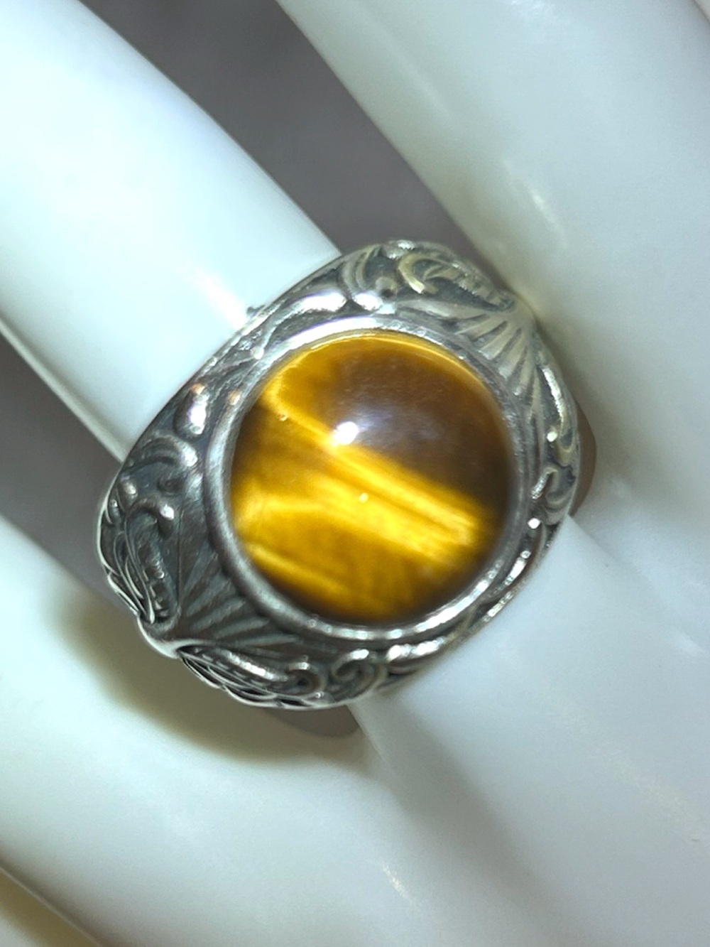 AAA Grade Natural Tiger’s Eye 14mm Gemstone Vintage Stamped S925 Statement Ring.
